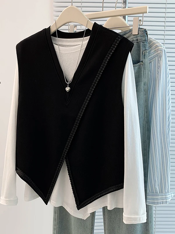 Spring Autumn Women's plus Size Vest Tank Top Bottom Shirt Two-Piece Set Asymmetric Commute Style Regular Thickness Pure Color