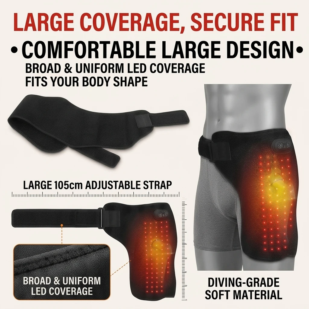 Cordless 660nm LED Pad with 105 LEDs, Heat & Vibration for Hip & Lumbar Comfort, 46-65°C, 5000mAh, Auto-Off Timer, Portable