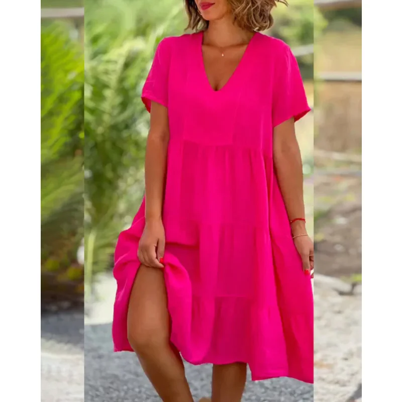 

Loose Waisted Dress for Women V-neck Solid Color Large Swing Casual Short Skirt Dress