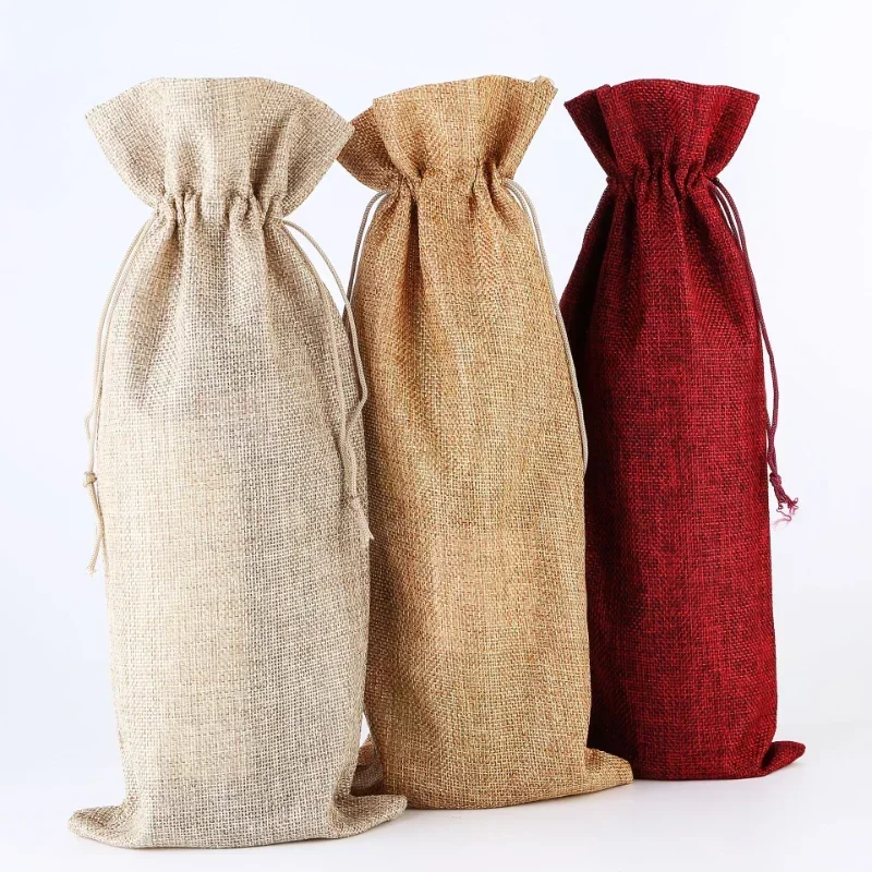 5pcs/lot 15x35cm Merry Christmas Red Wine Bottle Bags Champagne Pouches Burlap Packaging Bag New Year Party Decoration Xmas