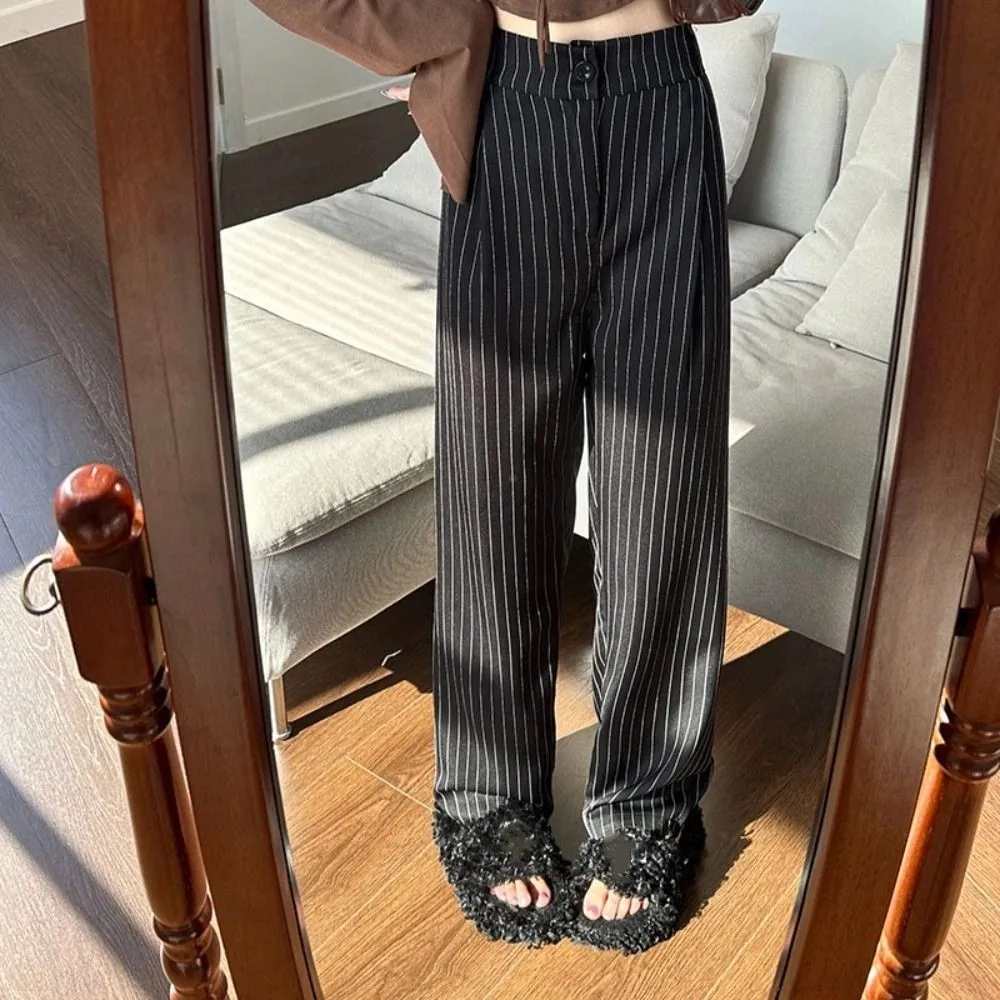 

Loose Stripe Straight Leg Pants High Waist Workout Trousers Wide Leg Pants Autumn Drape Feeling Casual Pants Women Streetwear