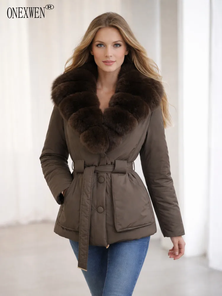 ONEXWEN Women's Short Down Jacket Luxury Fur Collar Belted Waist Winter Warm Down Coat Elegant Outerwear With Pockets RU86