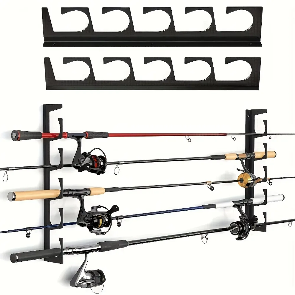 Black Metal Fishing Rod Wall Rack Horizontal Mount Fishing Pole Holder Organizer for Garage Indoor Fishing Gear Arrangement