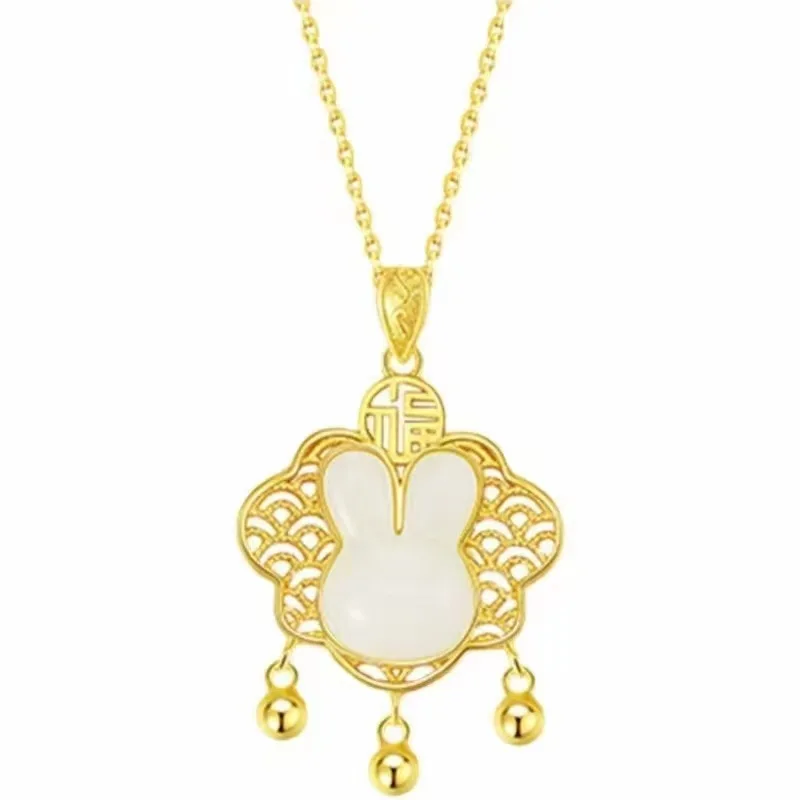 Women 9999 24K Real Gold Jade Rabbit Ruyi Lock Pendant Golden Rabbit Year Zodiac Longevity Lock Bell Pendant Baby Lady