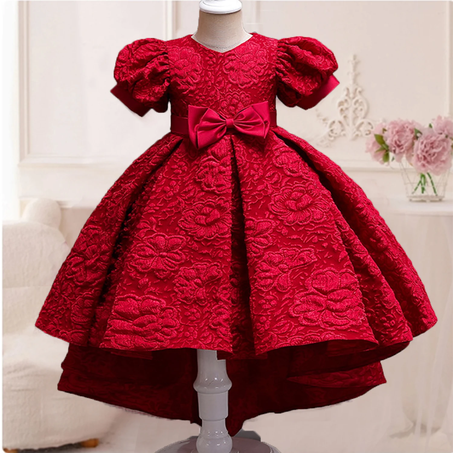 3-10 Years Little Big Girls Puff Sleeves Embroidered Wedding Flower Girl Birthday Party Pageant Formal High-Low Dress