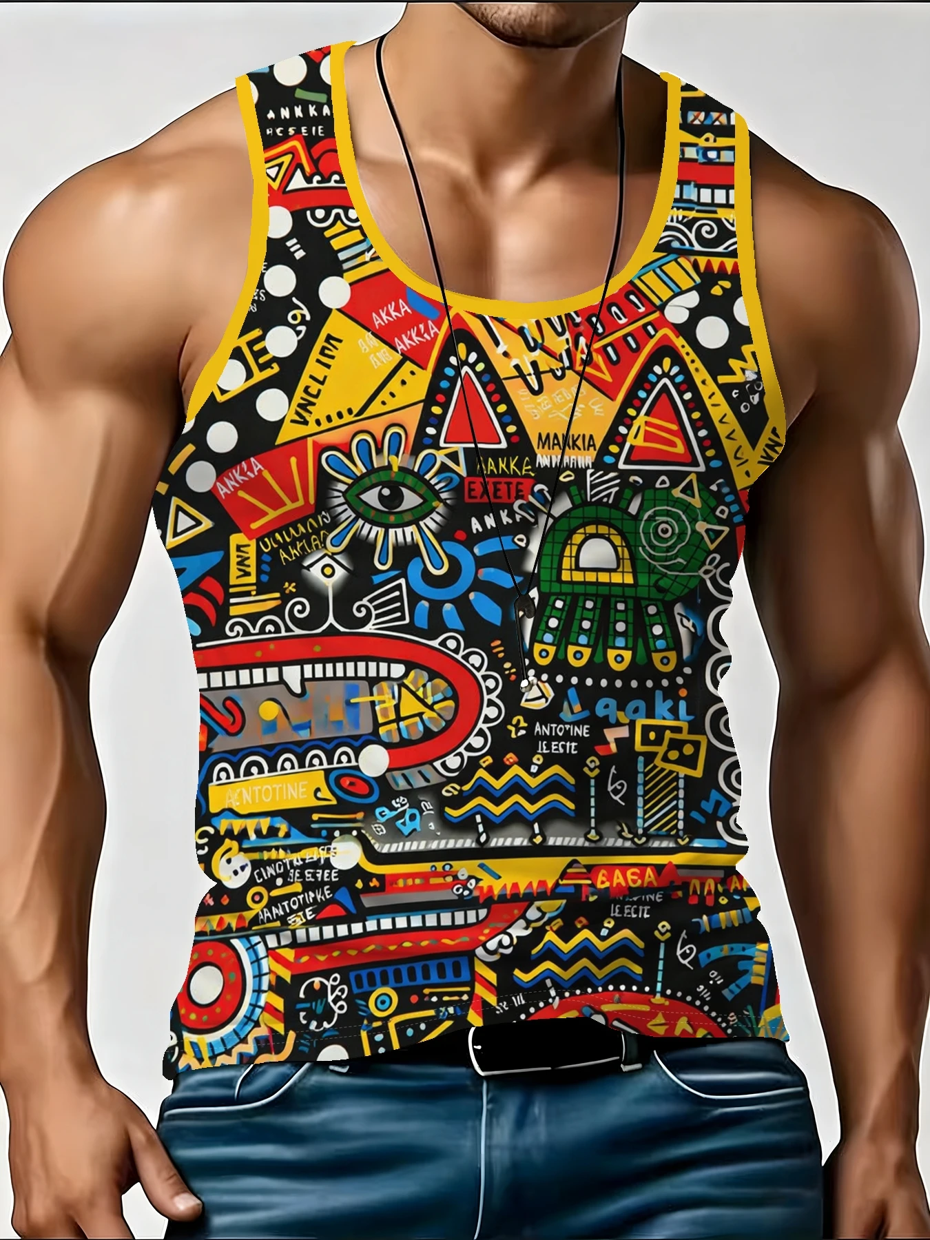 Men's Abstract Tribal All Over Print Tank Top Colorful Eye Geometric Sleeveless Muscle Vest Street