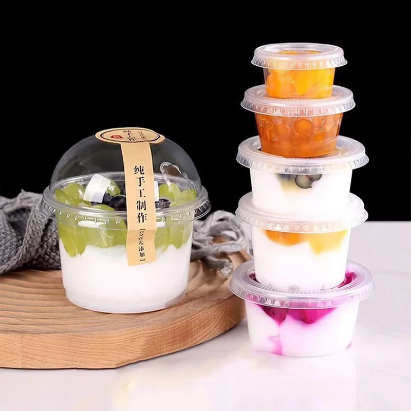 100Pcs 250ML Disposable Salad Cup Transparent Plastic Dessert Cups Bowls Container with Dome/Flat Lids for Ice Cream Cupcake