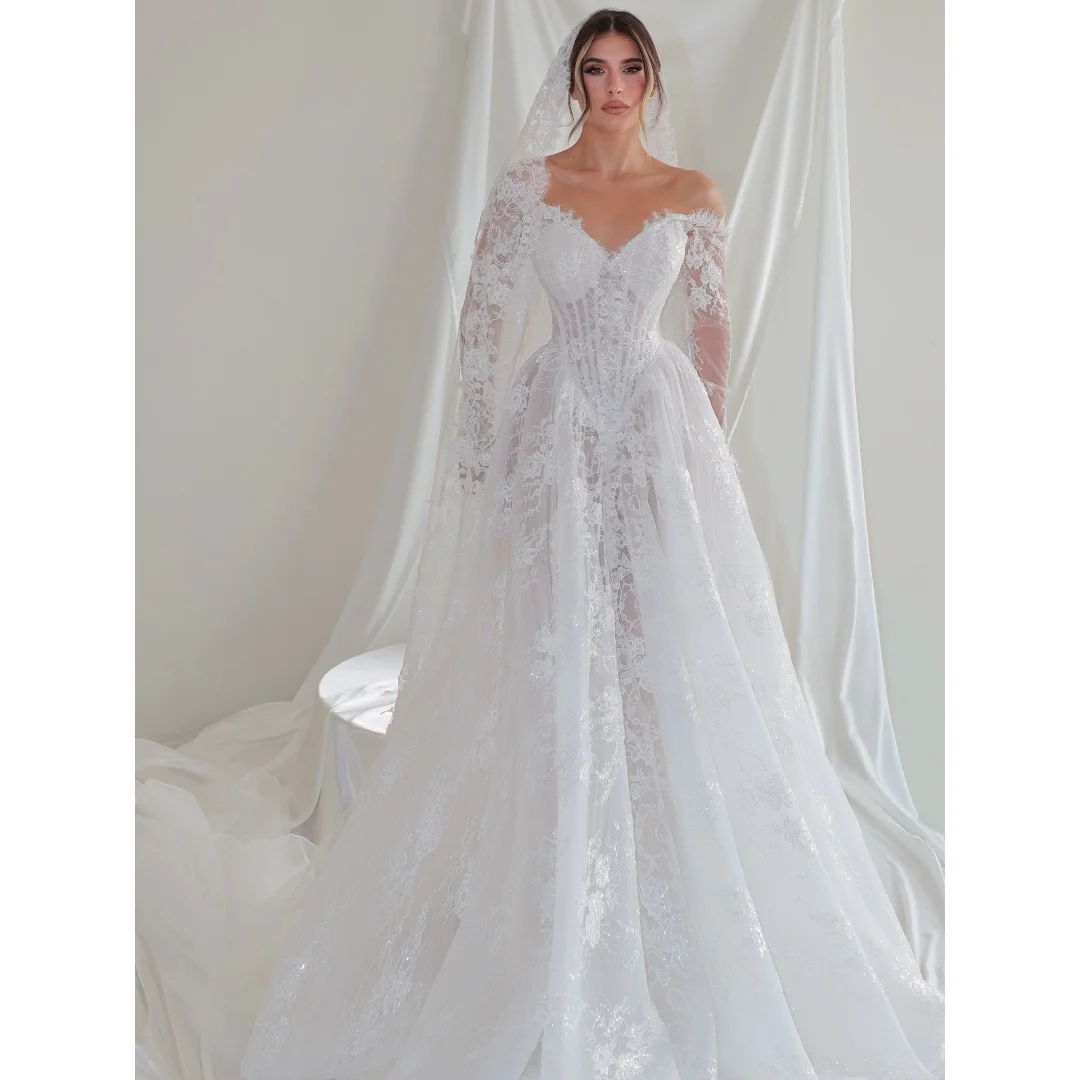 

Princess Sweetheart Wedding Dresses White Lace Corset Retro Bridal Gown Long Sleeves Sequin Exquisite robe de mariée Customized