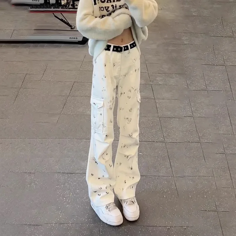 

Мужские джинсы White American High Street, весна-осень, с эффектом разводов, микро-клеш, в стиле парашютчика, рабочие, длинные брюки