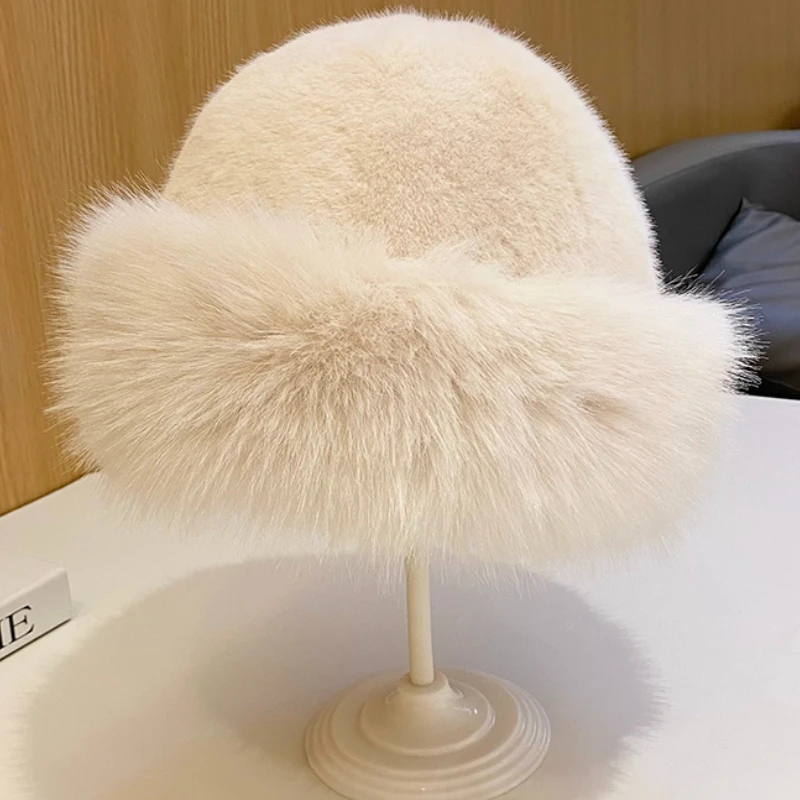 2024 Big Fluffy Faux Fur Bucket Hat for Women Luxury Plush Fisherman Hat Warm Winter Hat Thicken Cold Snowy Day Panama Cap 2024