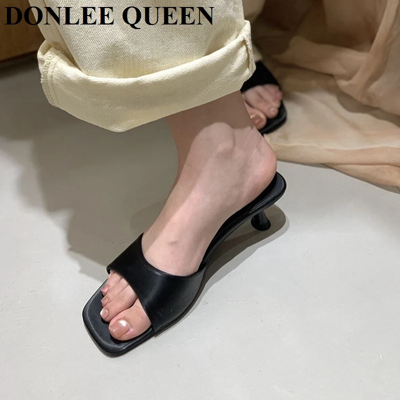 2026 New Fashion Thin Heels Slippers Women Female Slides Med Heel Brand Narrow Band Sandal Party Shoes  Sandalias De Las Mujeres