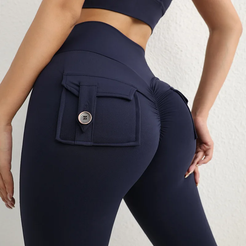 Women's High Waist Hip Lift Yoga Pants Women's Button Pockets Sports Leggings Peach Fitness Pants Cycling Tooling