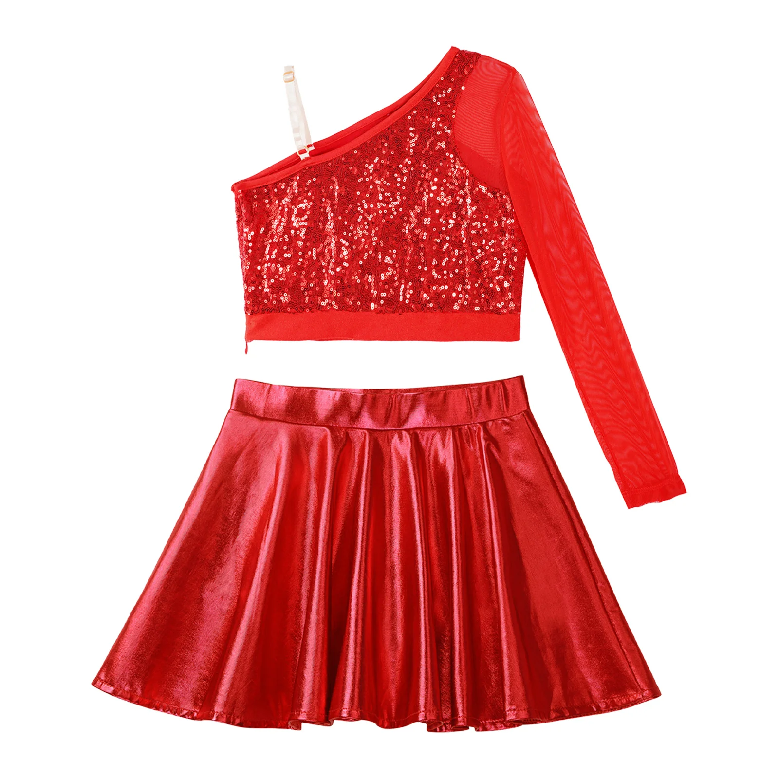 Roupa Sparkly Sequins Dance para crianças, top crop de um ombro manga comprida, malha pura, saia metálica queimada para meninas