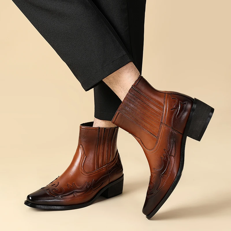 Men Embroidered Western Cowboy Ankle Boots Pointed Toe Block Heel Elastic Slip On Chelsea Boots Retro Leather Boots For Business