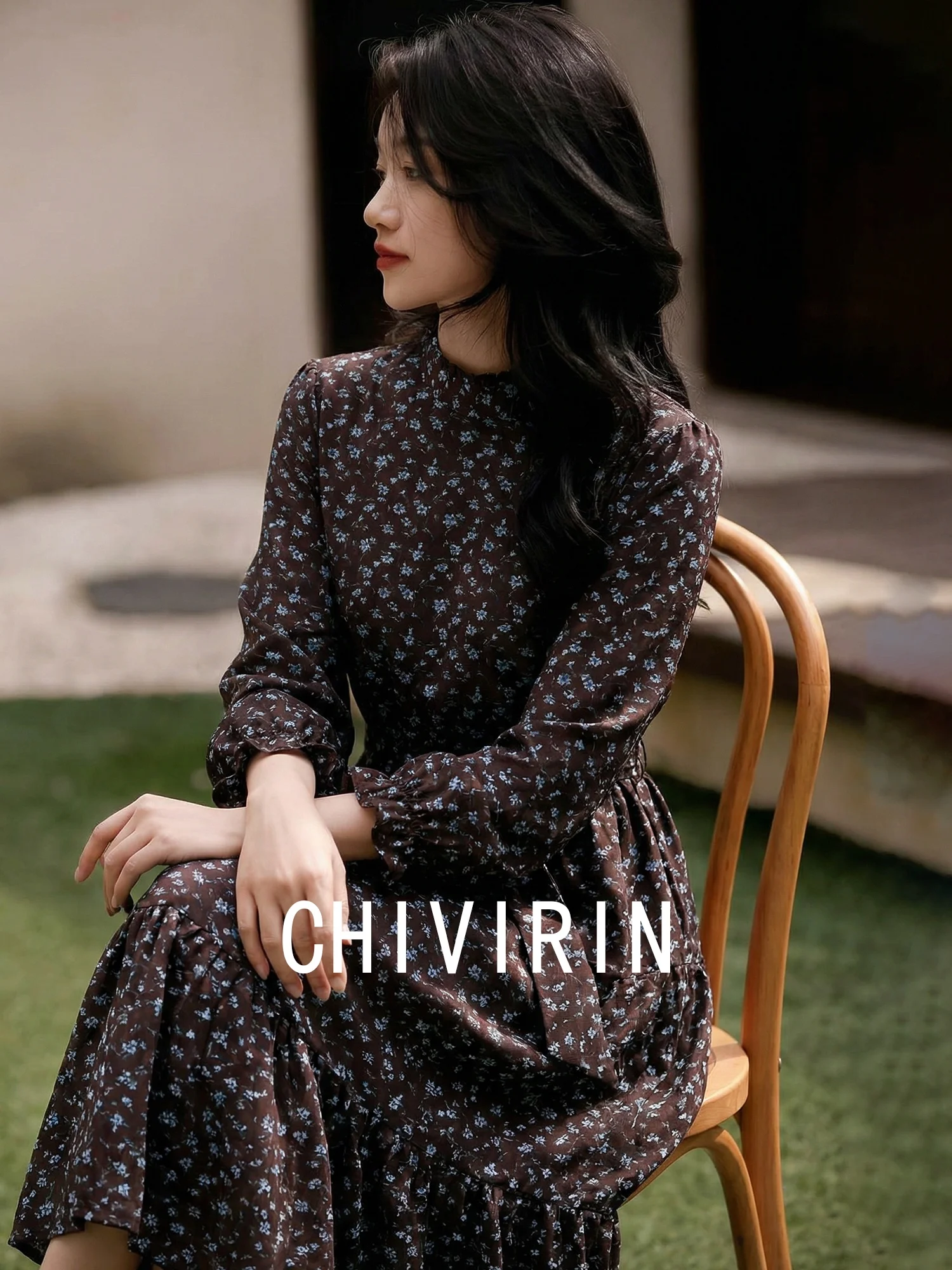 

Винтажное женское платье Chivirin с цветочным принтом, воротником-стойкой, длинными рукавами, длиной миди, весеннее, модное, с завязками на талии, А-силуэт, из полиэстера