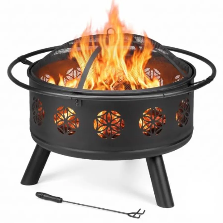 30In Wood Burning Fire Pit with Cover for Outdoor Use, Steel Material, Black, Even Warmth Distribution