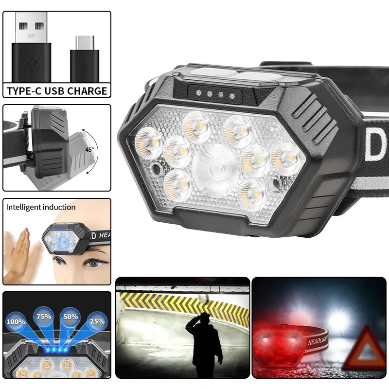 Long battery life strong headlight with reflective strip, multi-color temperature, lightweight, compact outdoor lighting