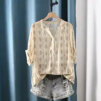2026 Women's Bohemian Geometric Print Blouse Ethnic 3/4 Roll-Up Sleeve V-Neck Tunic Shirt Vintage Boho Clothing - Image 3