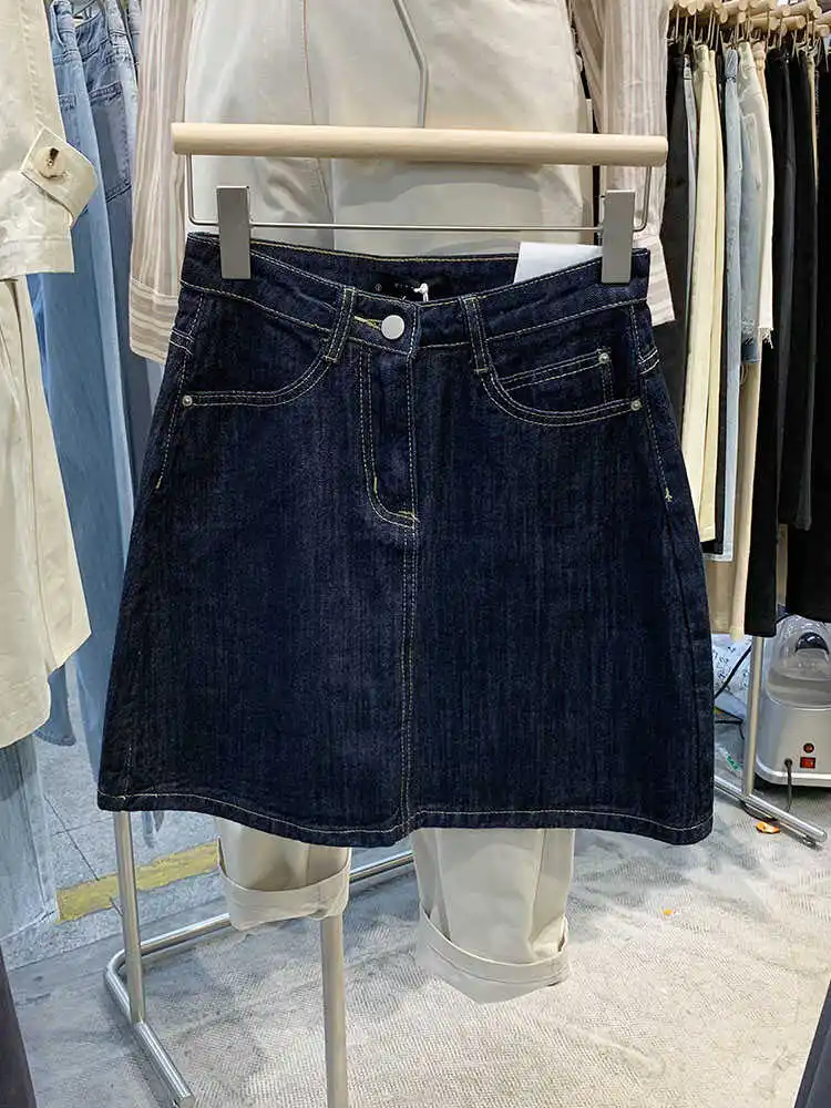 

Deep Blue High Waist A-Line Skirt Denim plus Size Slimming Women's Summer Faion Korean Sle Cotton Polyester Blend