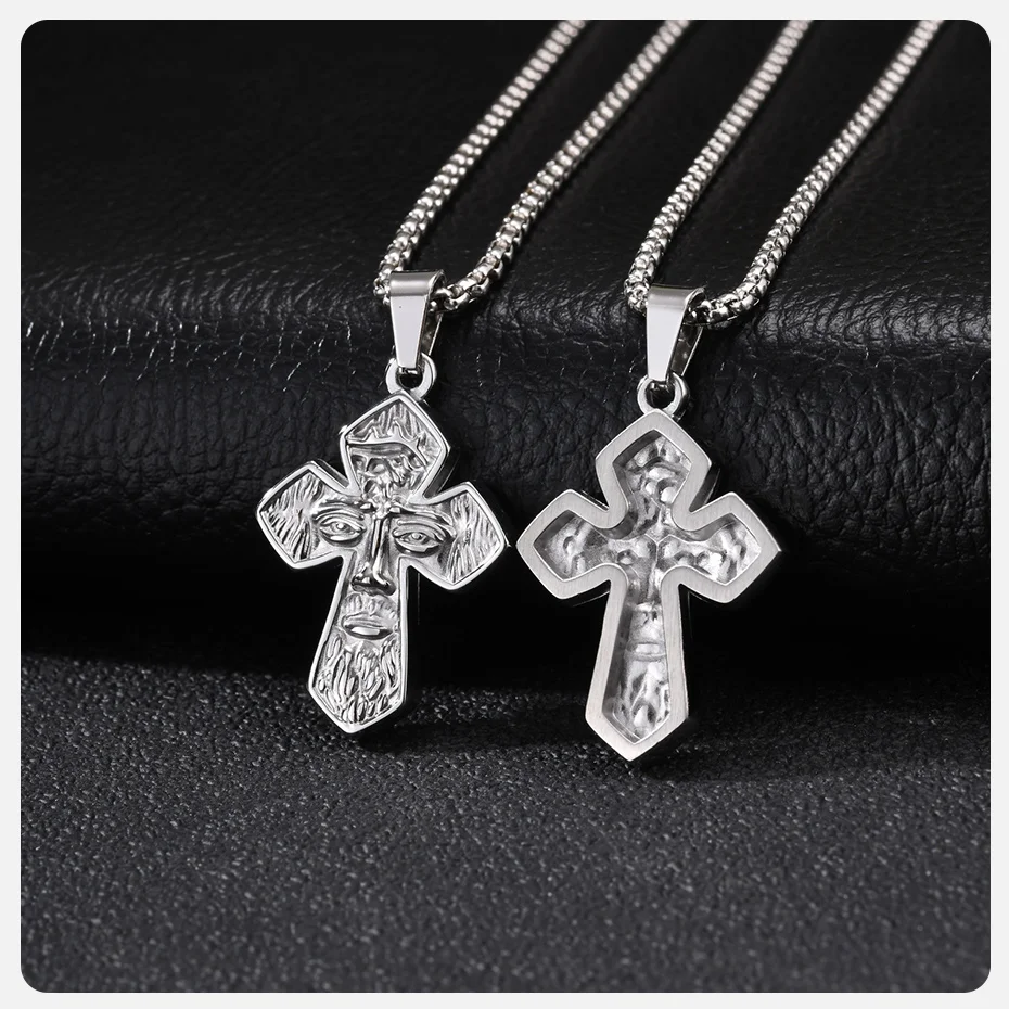 Vnox Jesus-Gesicht-Kreuz-Anhänger-Halskette für Männer, Retro-Religiöse Edelstahl-Box-Ketten-Halsketten, Schmuck, Christliches Geschenk – Detail 7
