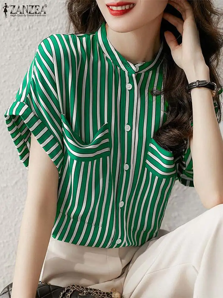 

ZANZEA 2024 Women Short Sleeve Shirts Fashion Office Stripes Stand Collar Buttons Tops Summer Holiday Tunics Casual Work Blusas