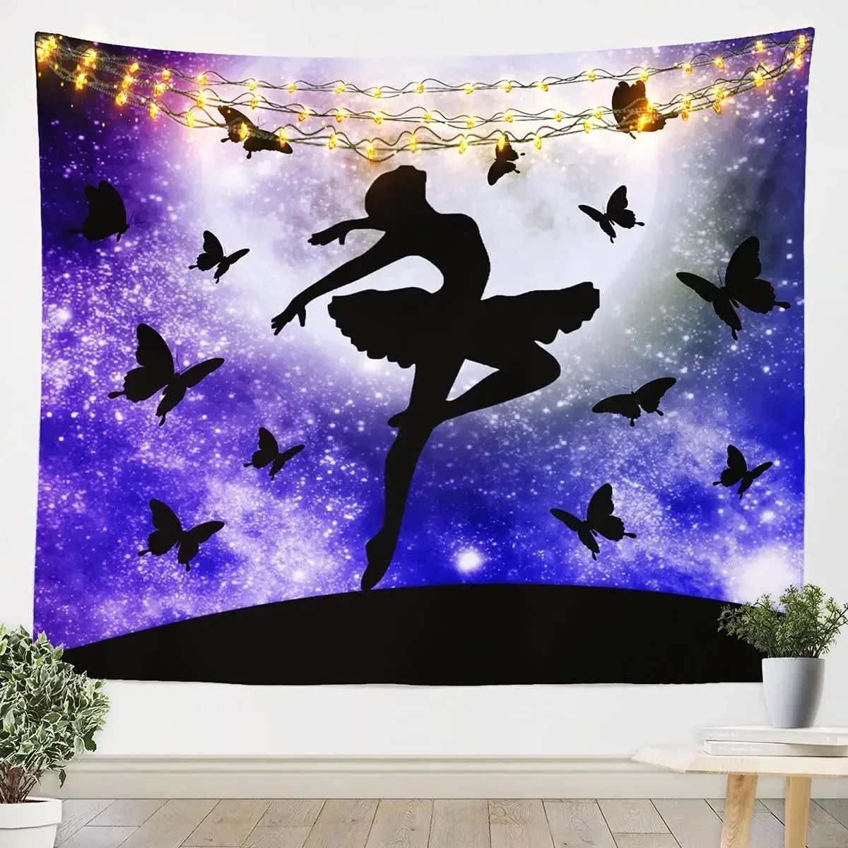 Girls Ballet Tapestry, Night Sky Stars Moon Tapestries Ballerinas Ballet Dancer Girly Tapestry Moonlight Aesthetics Wall Hanging