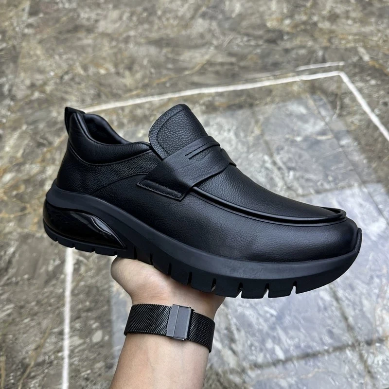 Men Genuine Leather Loafers Slip‑on Business Casual Shoes Thick Platform Sole Non‑slip Footwear Walking Dress Shoes