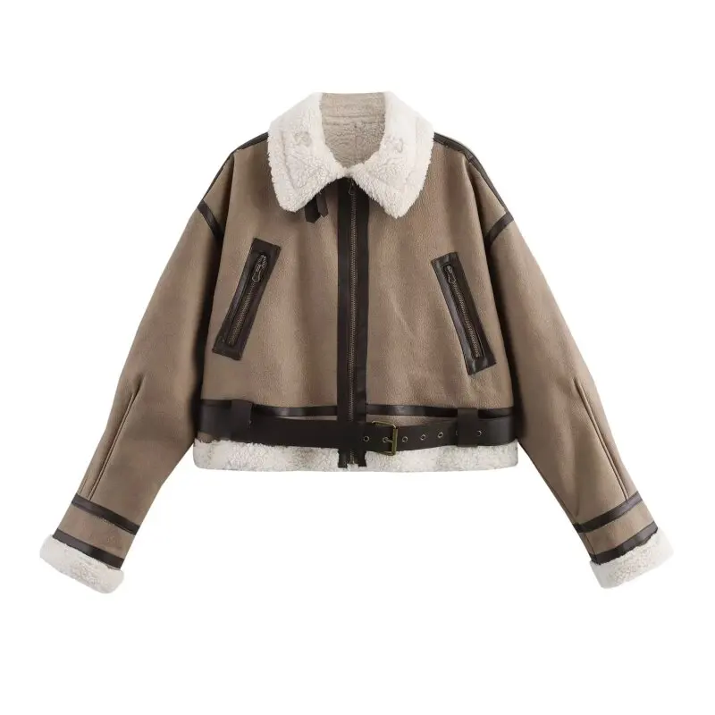 

Women’s Vintage Leather Fur Jacket Short Coat Retro Bomber Jacket Warm Winter Outwear Fashion Casual Streetwear Outerwear