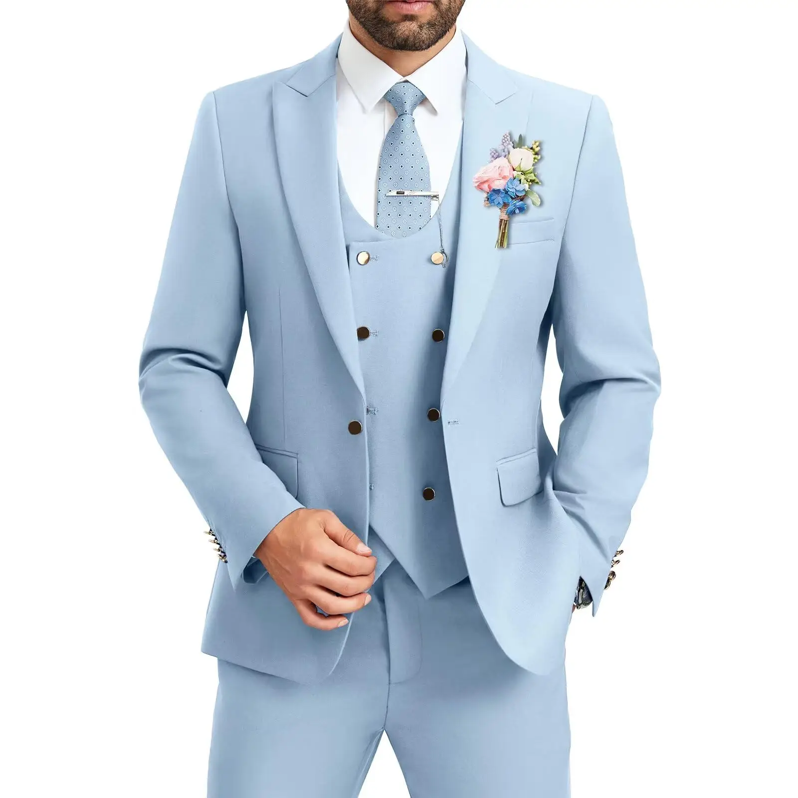 

Men's 3-Piece Slim Fit Suit Set Double Breasted Ball Tailcoat Formal Casual Jacket Vest Pants Wedding Dress Code Attire