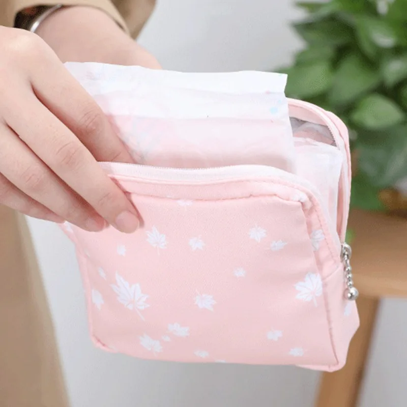 Women Portable Sanitary Napkin Tampon Storage Bag Cotton Travel Makeup Storage Bag Literary Zipper Coin Purse Sundries Storage