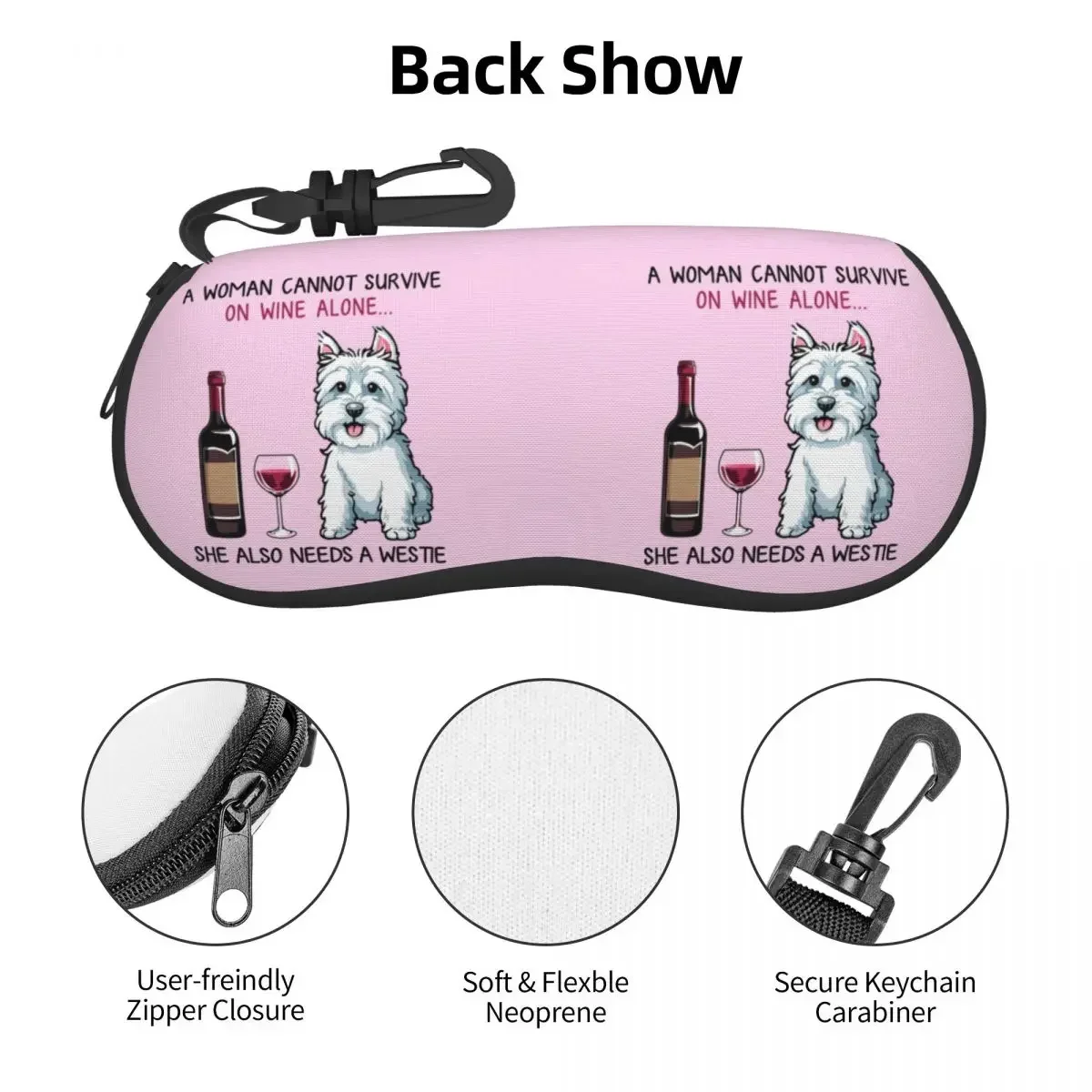 Westie and Wine Funny Dog Cartoon Shell étui à lunettes pour femmes et hommes, étui à lunettes West Highland, étui à lunettes White Terrier, boîte à lunettes de soleil, poudres