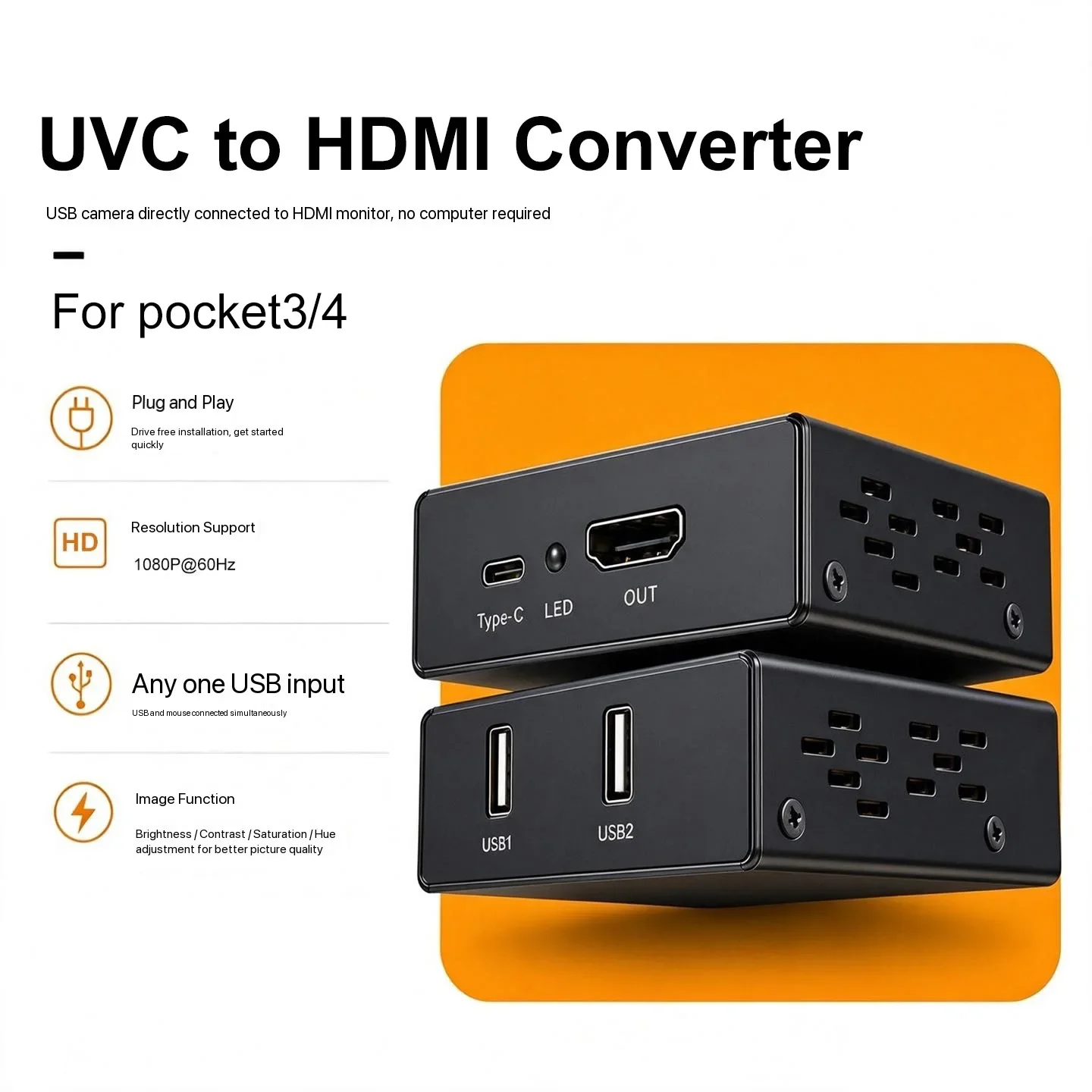 Camcorder USB To HDMI UVC Camera Converter for INSTA360 Action4/5 Pocket 3 4P To HDMI TV Image Transmission Video Capture Card