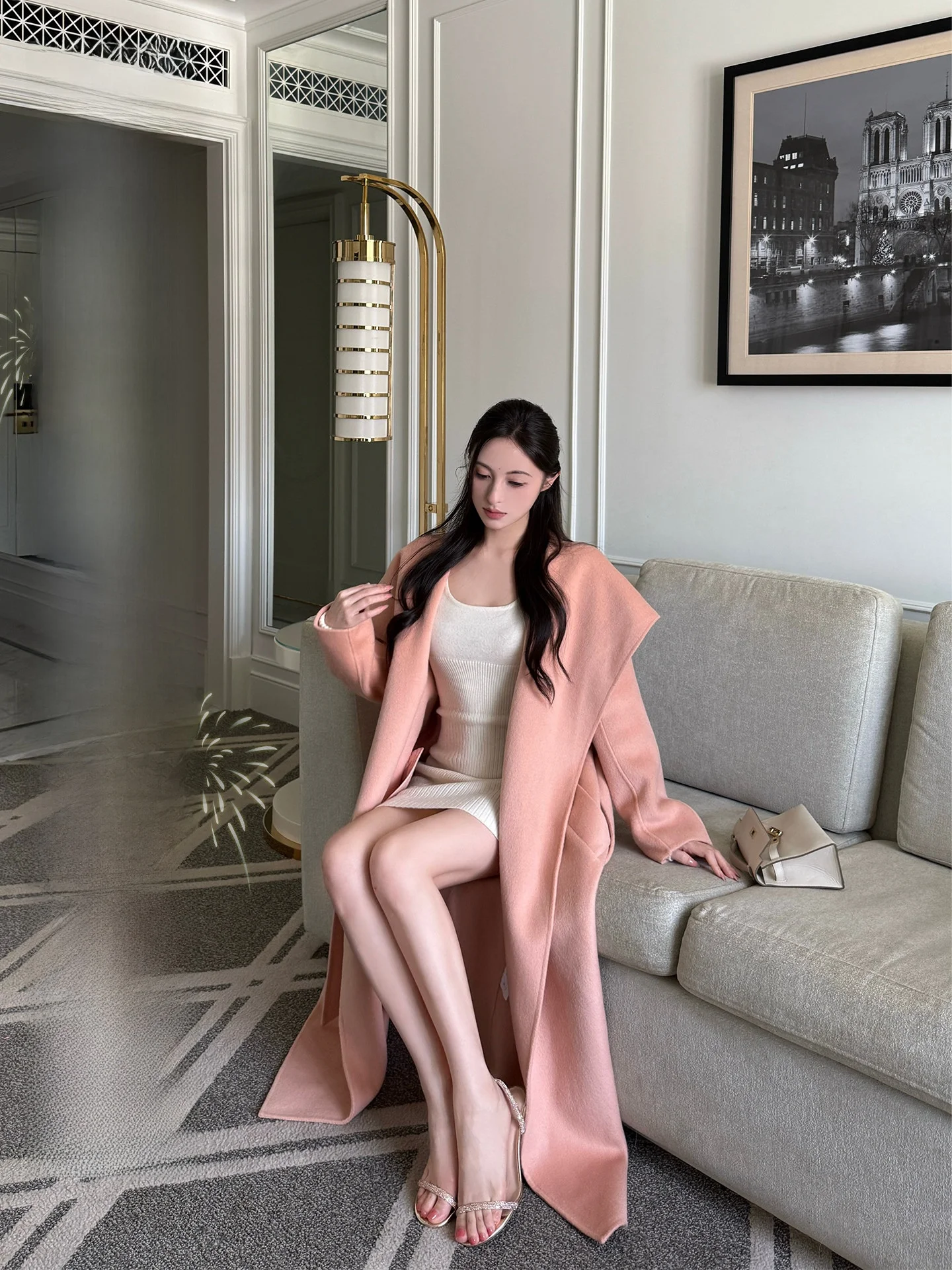 

Fay Double-Faced Woolen Camere Coat with Belt Large Collar Long Sle Gentlewomen's Outerwear for Winter Season