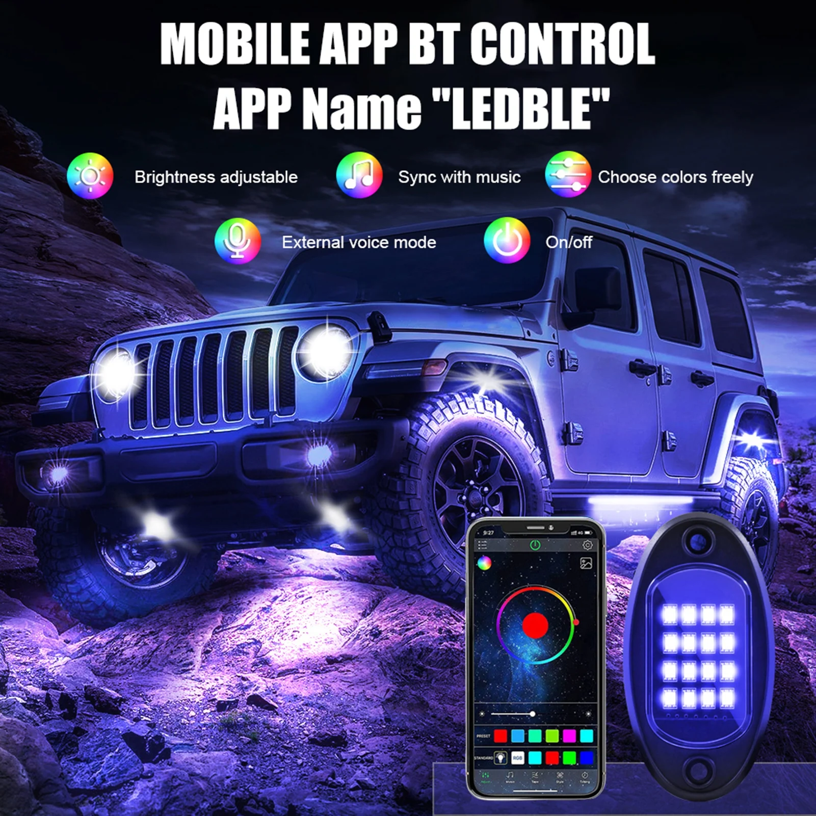 

Car Multicolor RGB LED Rock Lights for ATV UTV SUV 24 Key Controller Music Function 8pcs Multicolor LED Lights With APP BT