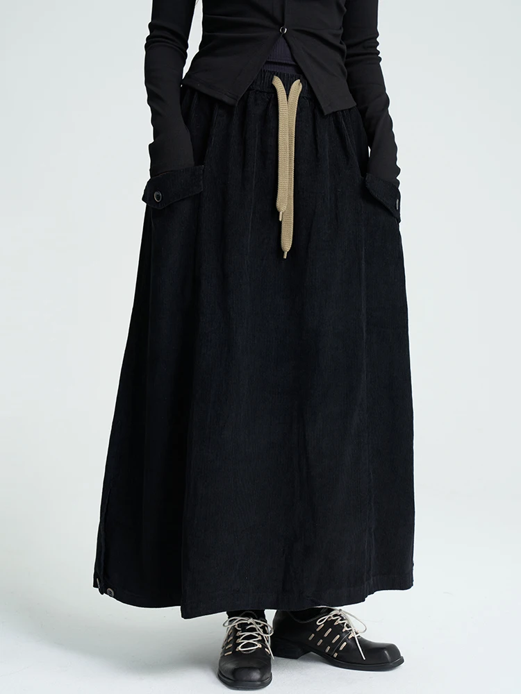 Women's Autumn Winter Corduroy Skirt with Pockets Pleated A-Line Midi Skirt Casual Style mid Waist Polyester Fabric