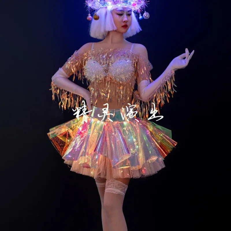 Bar Nightclub Party Show Singer Dancer Team Performance Costume Christmas Festival Clothing Sequin Tassel Top Laser Skirt Outfit