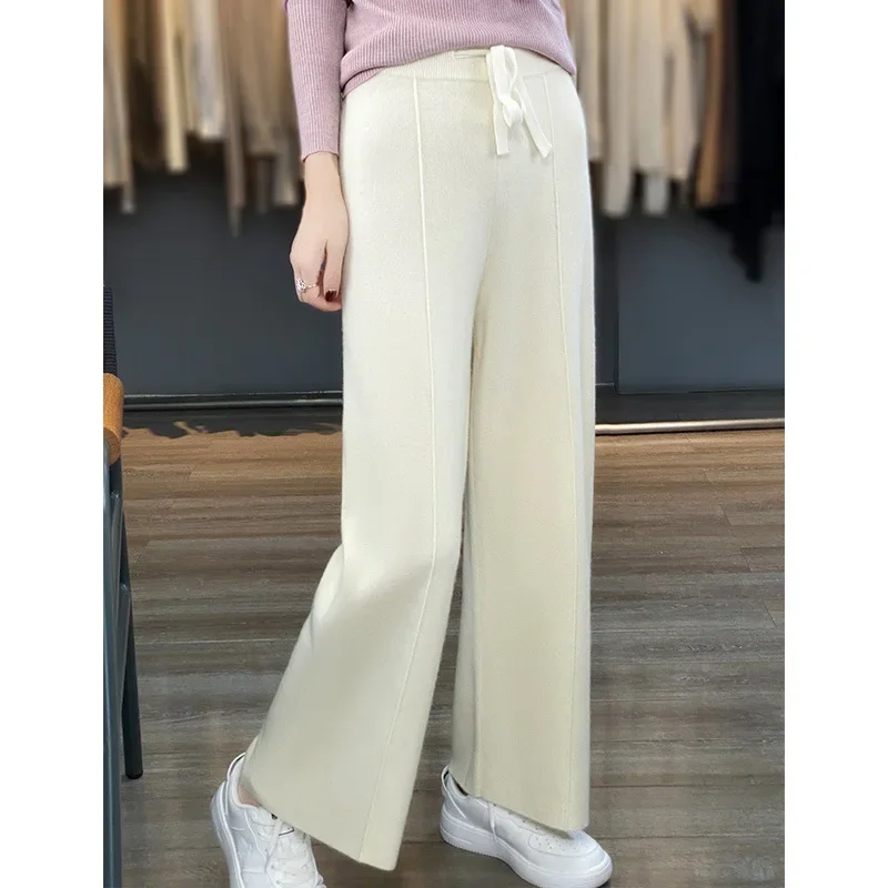 Eleganckie, luźne spodnie z kaszmirowej dzianiny o szerokich nogawkach, idealne na jesień i zimę, damskie modne, pluszowe, proste, codzienne spodnie z wełnianej dzianiny.