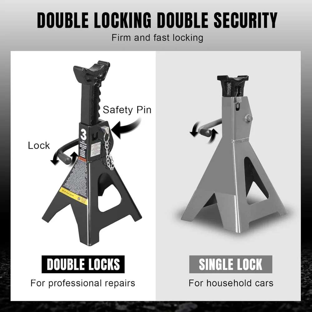 Double-Locking Steel Jack Stands, 3-Ton Capacity, 2-Pack, Black