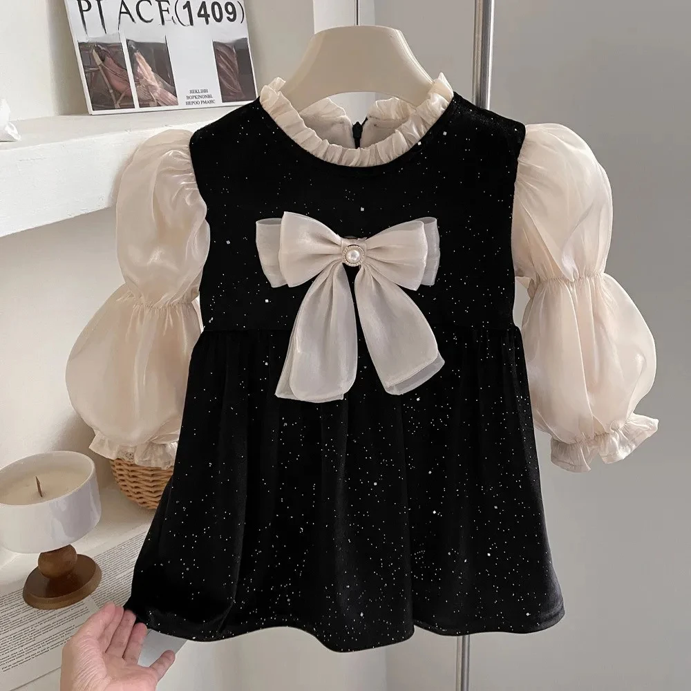 Korean Version Baby Girl Clothes Bow Decoration Princess Dresses Autumn and Winter White Bubble Sleeves Birthday Party Dress