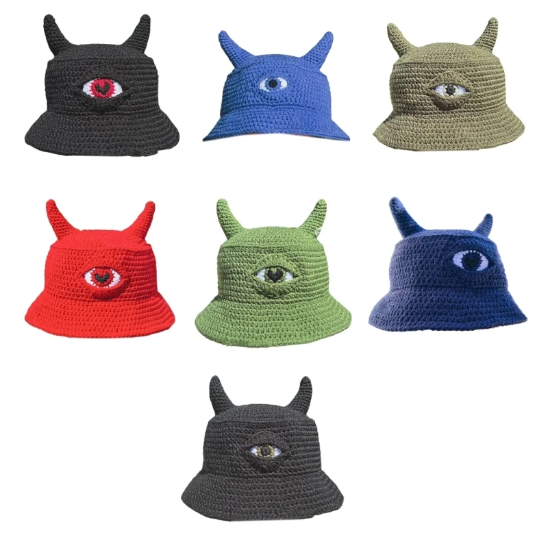 

Knitted Winter Warm Unisex Knitting Hat Devil Horns Single Eye Decorative Knit Hat for Adults Teens Halloween Gift