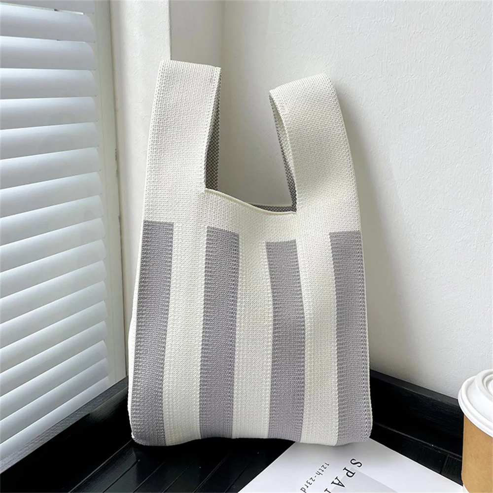 Trendy Stripes Vest Bag Minimalist Color Matching Knitting Handbag Leisure Art Walking Tote Woman Travel Cosmetic Storage Bag