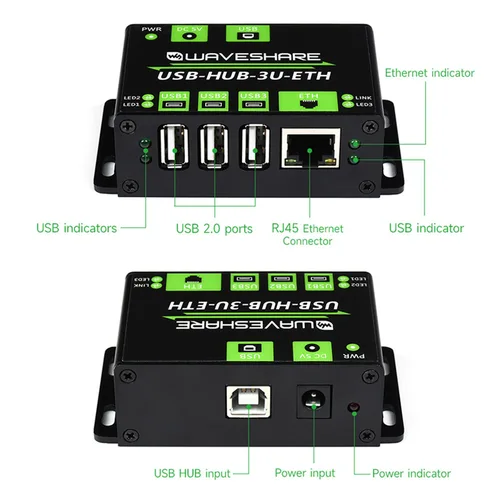 Imagen 2 del producto HUB USB multifuncional de grado Industrial que se extiende 3 puertos USB + puerto Ethernet de 100M, protección contra sobrecorriente ESD de red