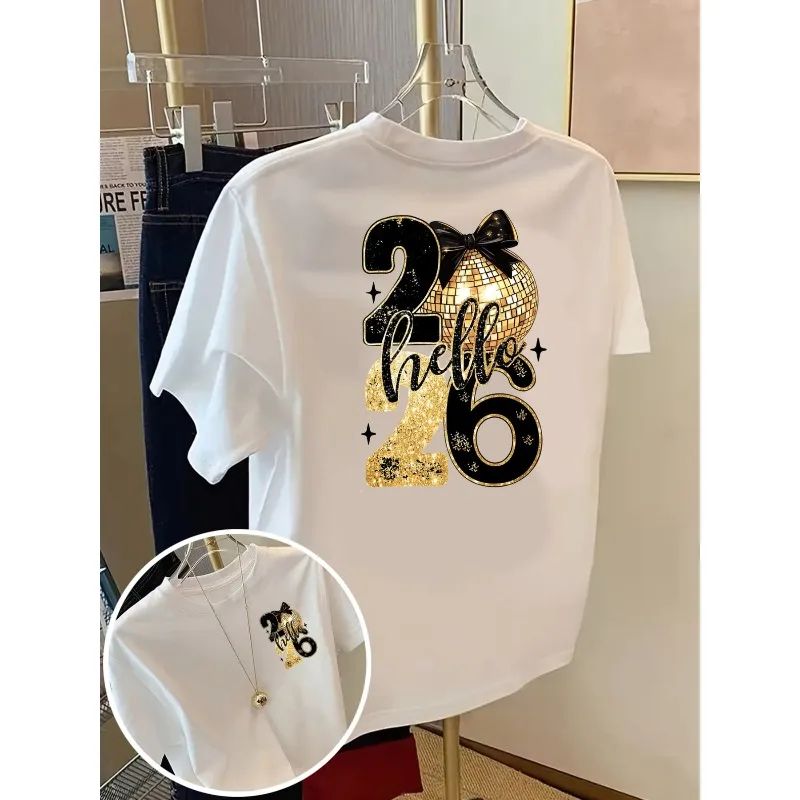 

Front and Back Printed T-shirt Hello2026 Happy New Year Pattern Women's Round Neck Casual Fashion Women's Printed New Year Top