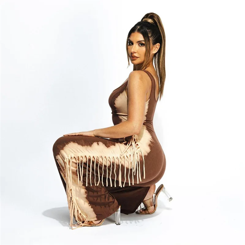 Damski kombinezon bez ramiączek z frędzlami, letni, elastyczny, bez rękawów, z dekoltem typu tank, seksowny, długi kombinezon.