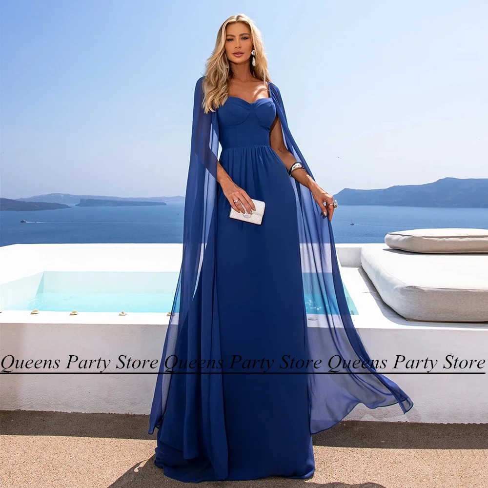 Royal Blue Mother of The Bride Dress Sweetheart Long Cape Floor Length Chiffon A Line abito da sposa abiti da festa arabi