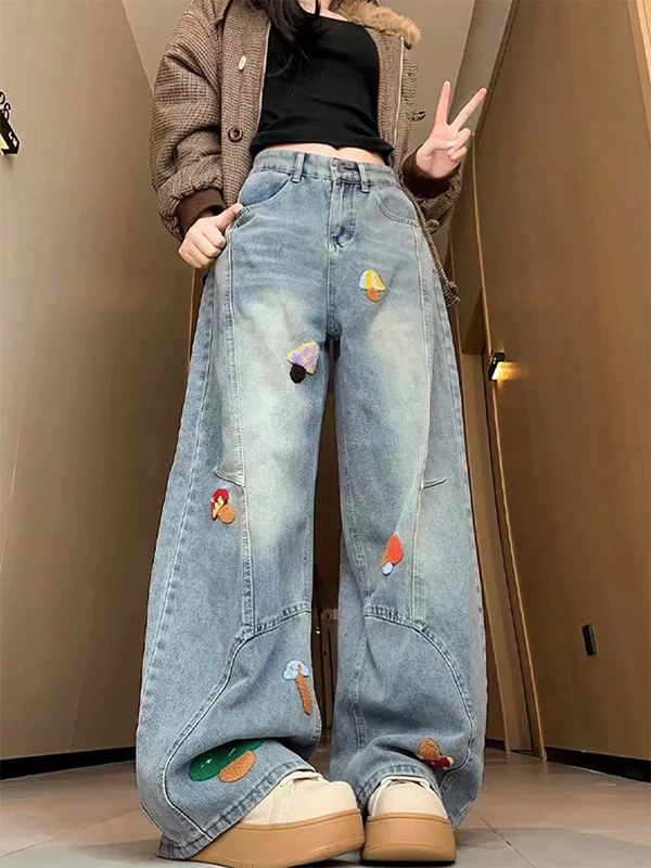 Cartoon Embroidered Wide Leg Jeans Women's High Waist Bootcut Denim Pants Casual Washed out Loose Slimming Long Trousers