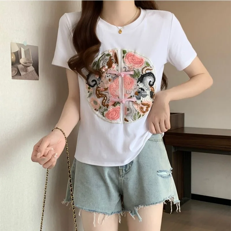 Chinese Style Geometric Crop Tops Women T-shirt Loose Short Sleeve Basic Summer Clothes Embroidery Tops Woman O-neck Cotton Tees