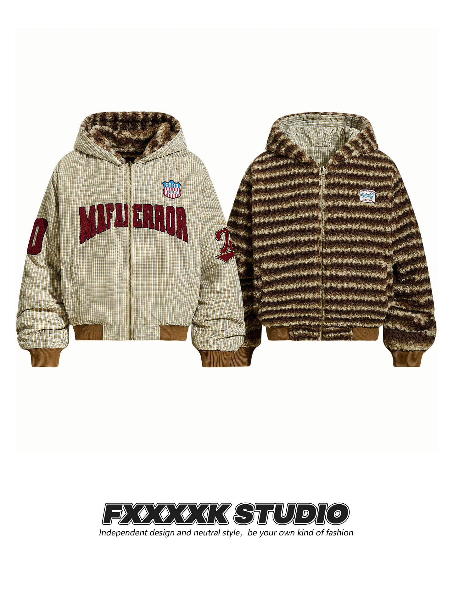 

Thiened двустороннее хлопковое пальто в клетку с вышитыми буквами FXK, оригинальное хлопковое пальто в американском стиле ретро Sle на подкладке