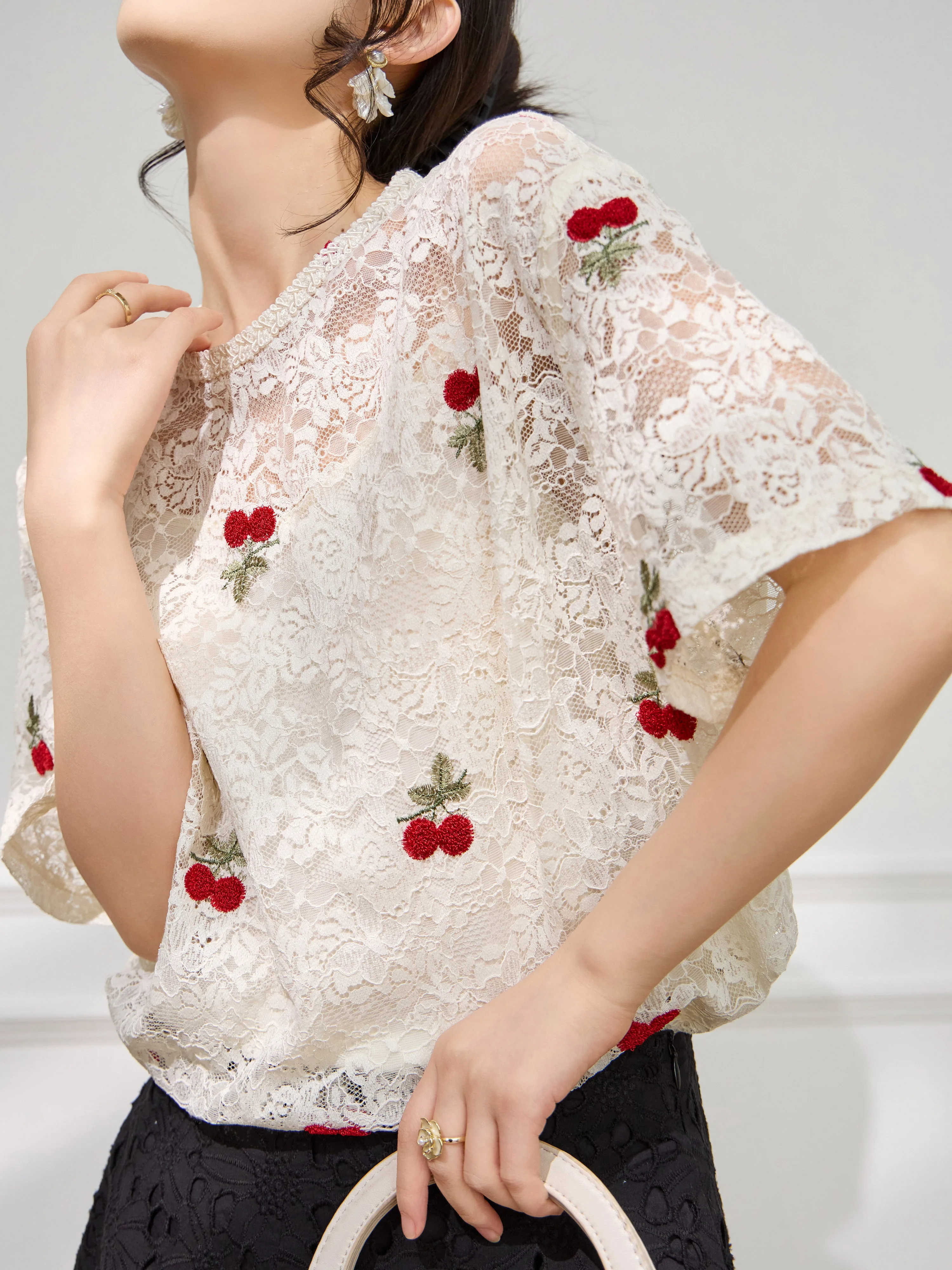 Women Lace T Shirt Cherry Embroidery Loose Fit Short Sleeve Top Hollow Out Summer Casual Cute Feminine Blouse