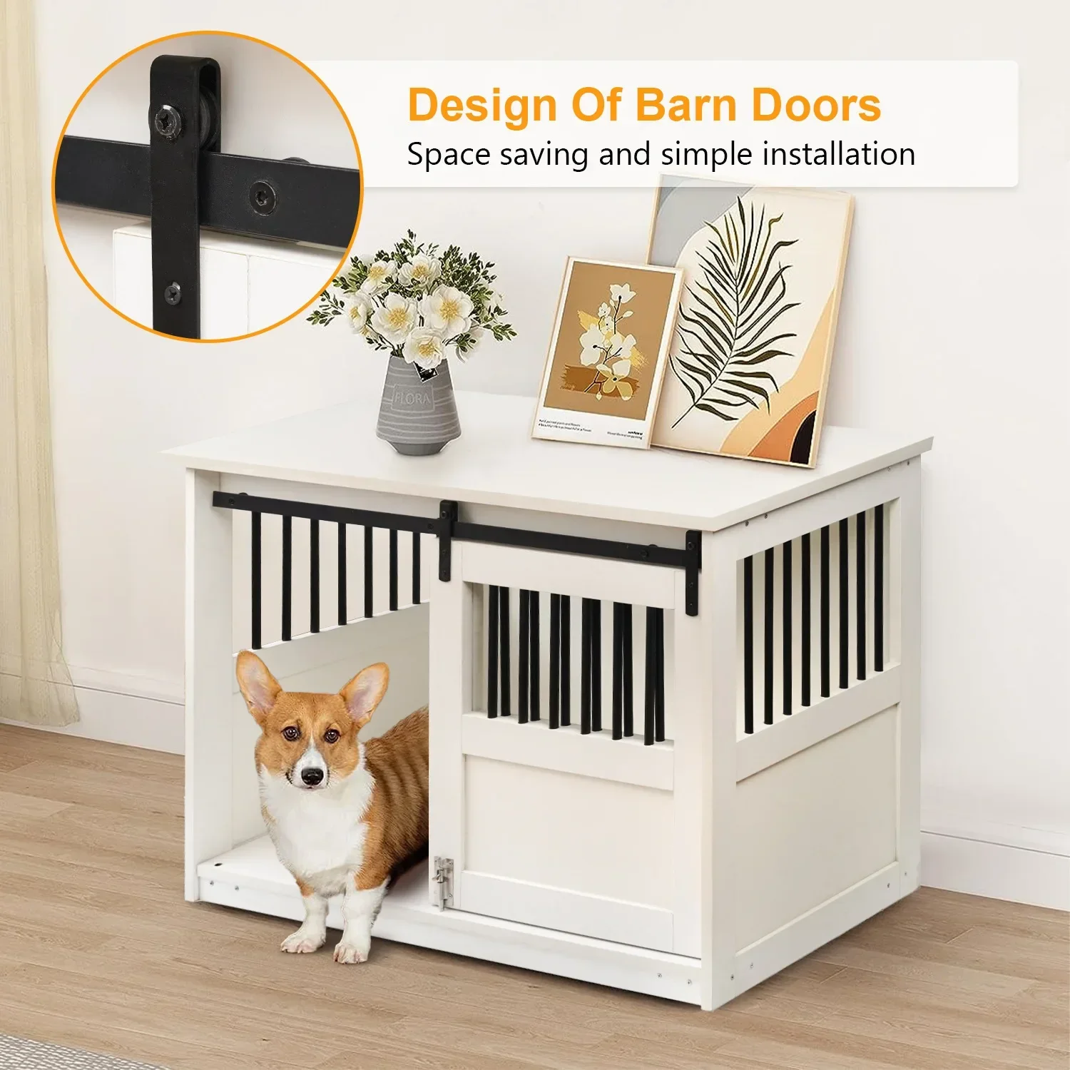 Dog Crate Furniture Large Dog Barn Door Puppy Kennel Thickened Farmhouse Top Metal Bars White Decorative Modern Dog Crate